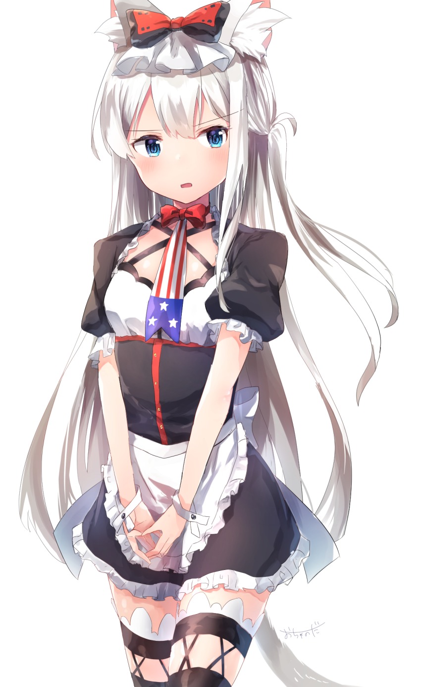 1girl, american_flag, american_flag_print, animal_ears, apron, azur_lane, black_bow, black_dress, black_thighhighs, blue_eyes, blush, bow, breasts, cat_ears, cat_girl, cat_tail, commentary_request, dress, female_focus, flag_print, frilled_apron, frilled_dress, frills, hair_between_eyes, hair_bow, hammann_(azur_lane), highres, kemonomimi_mode, long_hair, looking_at_viewer, ochanoda, parted_lips, print_neckwear, puffy_short_sleeves, puffy_sleeves, red_bow, short_sleeves, signature, silver_hair, simple_background, small_breasts, solo, tail, thighhighs, very_long_hair, waist_apron, white_apron, white_background, wrist_cuffs