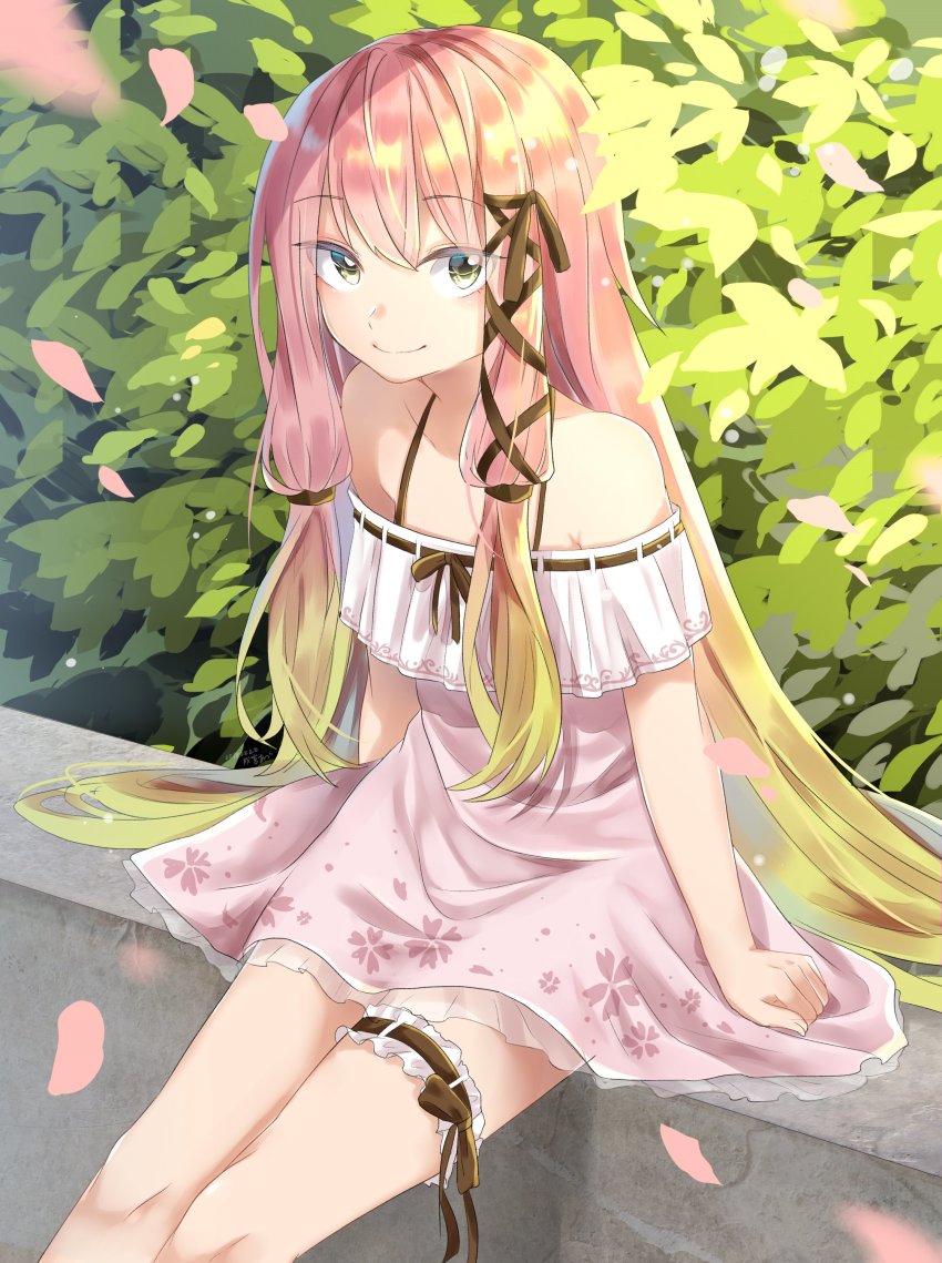 1girl, absurdres, arms_at_sides, bare_shoulders, blonde_hair, brown_hair, brown_ribbon, bush