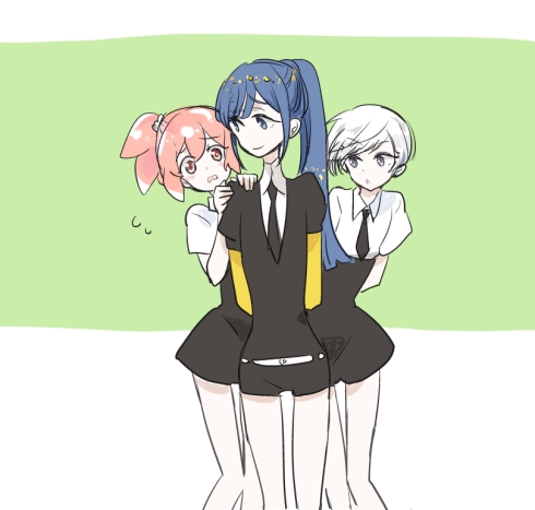 3others, androgynous, black_neckwear, black_shorts, blue_eyes, blue_hair, blush, crystal_hair