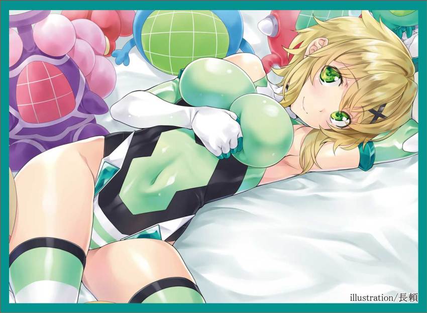 1girl, akatsuki_kirika, arm_up, bad_id, bad_twitter_id, bare_shoulders, bed, bed_sheet
