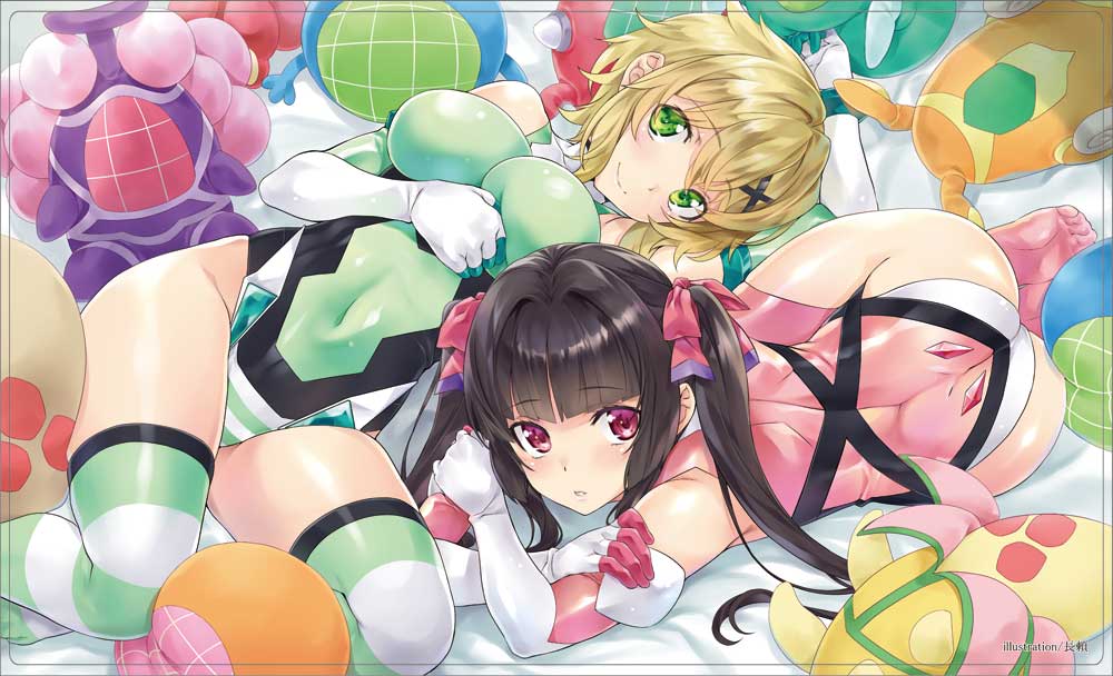 2girls, akatsuki_kirika, arm_up, ass, bad_id, bad_twitter_id, bare_shoulders, bed, bed_sheet, black_hair, blonde_hair, blunt_bangs, blush, breasts, character_doll, cleavage, commentary_request, covered_navel, doll, elbow_gloves, gloves, green_eyes, green_leotard, hair_ornament, large_breasts, leotard, long_hair, looking_at_viewer, lying, multiple_girls, nagayori, noise_(symphogear), on_back, parted_lips, pink_eyes, pink_legwear, pink_leotard, senki_zesshou_symphogear, shiny_clothes, shiny_skin, short_hair, skin_tight, striped_clothes, striped_legwear, striped_thighhighs, thighhighs, tsukuyomi_shirabe, twintails, white_gloves, x_hair_ornament