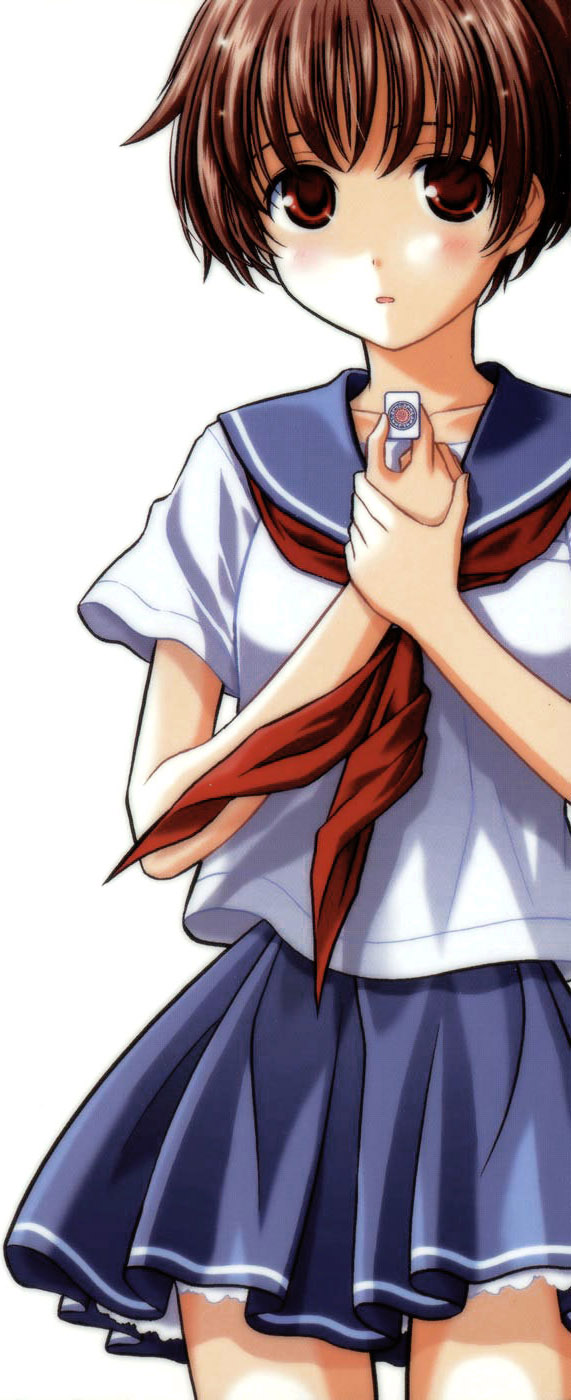 00s, 1girl, blush, board_game, brown_hair, female_focus, highres, holding, holding_mahjong_tile, mahjong, mahjong_tile, miyanaga_saki, neckerchief, red_eyes, red_neckerchief, ribbon, saki-saki, saki_(manga), school_uniform, serafuku, short_hair, skirt, solo