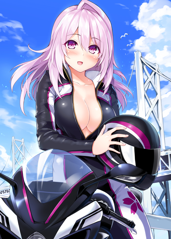 1girl, :d, animal, biker_clothes, bikesuit, bird, blue_sky, blush