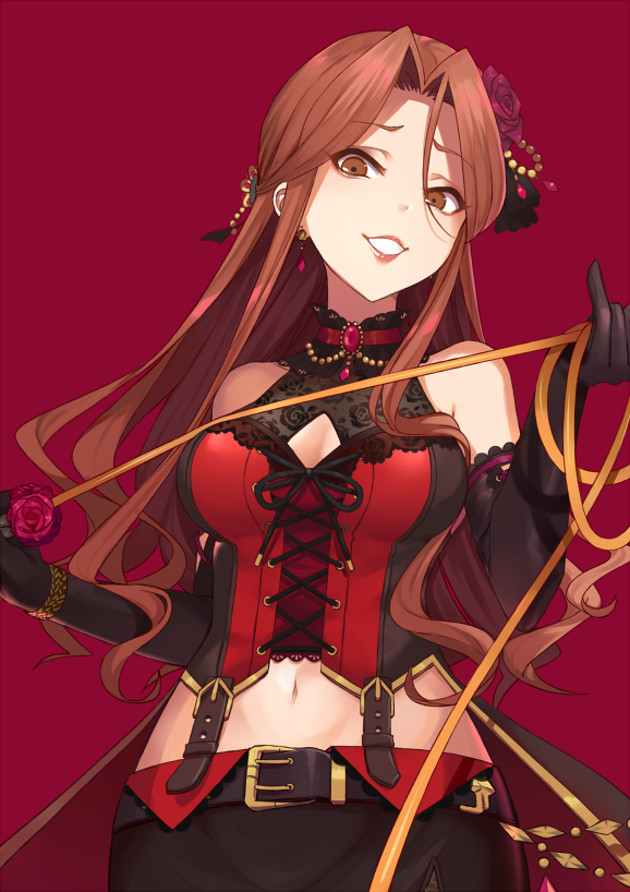 1girl, belt, belt_buckle, black_gloves, black_ribbon, black_skirt, breasts, brooch, brown_eyes, buckle, cleavage, cleavage_cutout, clothing_cutout, collarbone, cowboy_shot, earrings, elbow_gloves, female_focus, flower, forehead, gem, gloves, grin, haikimono_shounen, hair_flower, hair_ornament, holding, idolmaster, idolmaster_cinderella_girls, jewelry, lips, long_hair, looking_at_viewer, medium_breasts, midriff, navel, open_mouth, purple_flower, purple_rose, raised_eyebrows, red_background, ribbon, rose, simple_background, skirt, sleeveless, smile, solo, teeth, upper_body, vest, whip, zaizen_tokiko