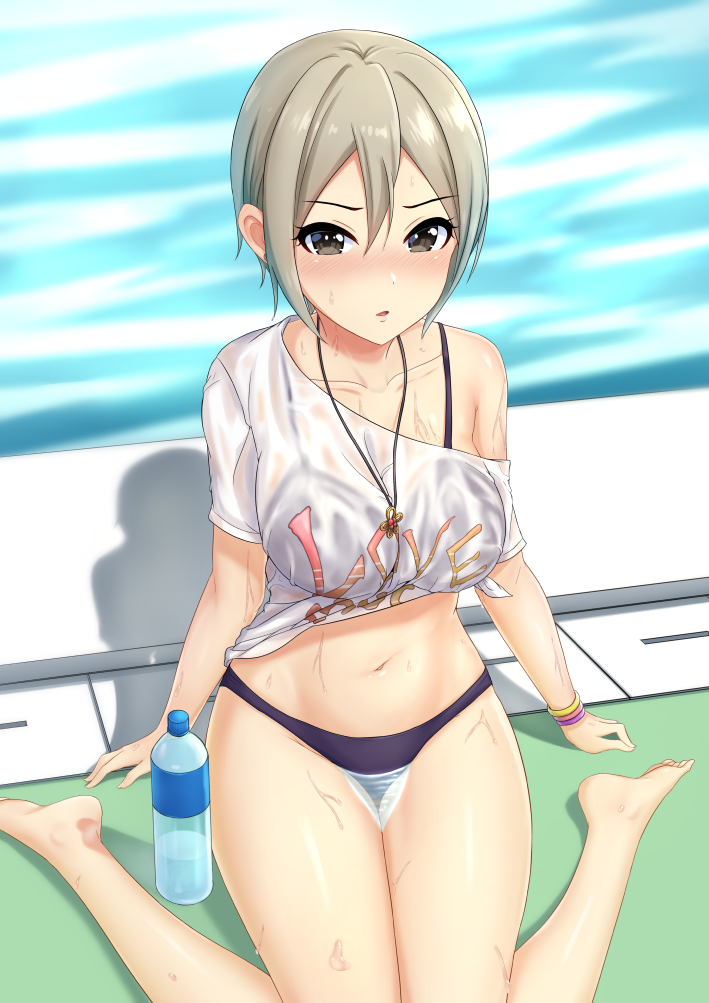 1girl, bare_legs, barefoot, bikini, bikini_under_clothes, black_bikini, blonde_hair, blush