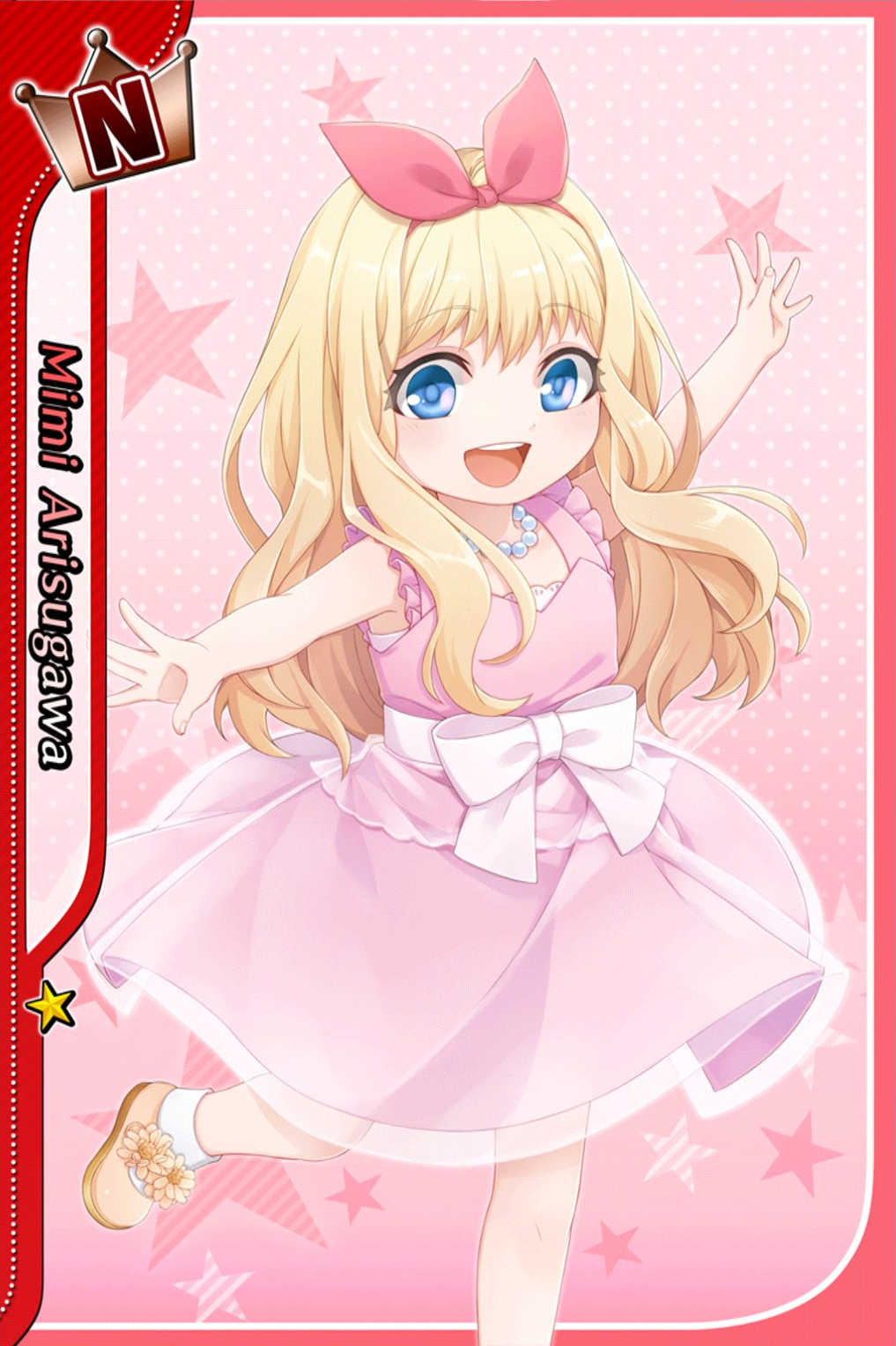 1boy, arisugawa_mimi, blonde_hair, blue_eyes, blush, card_(medium), character_name, crossdressing