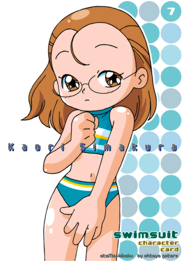 1girl, bikini, blue_bikini, blush, brown_eyes, brown_hair, child, flat_chest