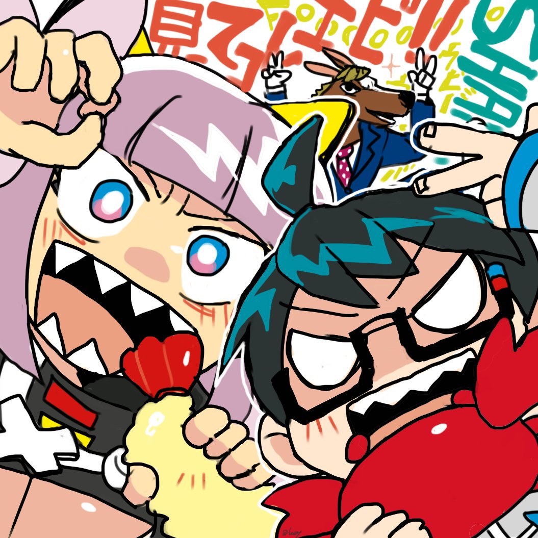 .live, 1girl, 2boys, bacharu_(youtube), black_hair, blue_suit, crab, dd_(xuni_dd)