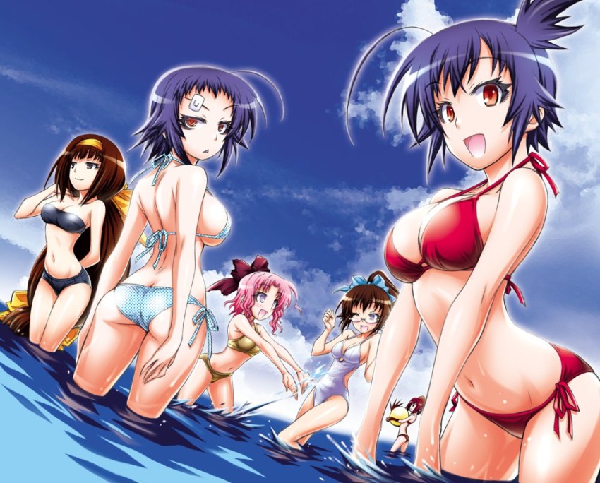 6+girls, ahoge, ajimu_najimi, aka_aoki, akatsuki_akira, alternate_hair_length, alternate_hairstyle, ass, bikini, breasts, brown_eyes, brown_hair, butt_crack, cleavage, day, emukae_mukae, glasses, kikaijima_mogana, kurokami_medaka, large_breasts, long_hair, looking_at_viewer, looking_back, medaka_box, medium_breasts, multiple_girls, naze_youka, ocean, open_mouth, outdoors, pink_hair, ponytail, purple_eyes, purple_hair, red_eyes, short_hair, sky, smile, splashing, swimsuit, very_long_hair