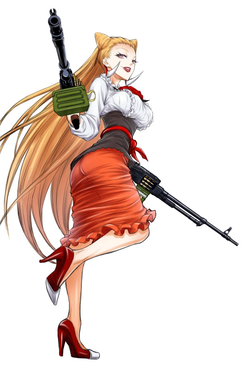 1girl, akatsuki_akira, ammunition_box, ass, blonde_hair, blouse, cone_hair_bun, dual_wielding