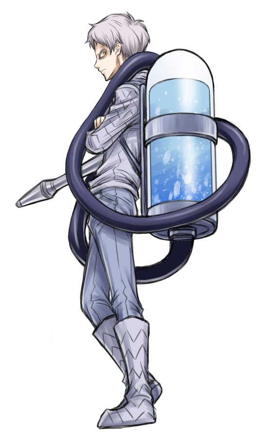 1boy, akatsuki_akira, angry, full_body, green_hair, icethrower, juuni_taisen, looking_at_viewer