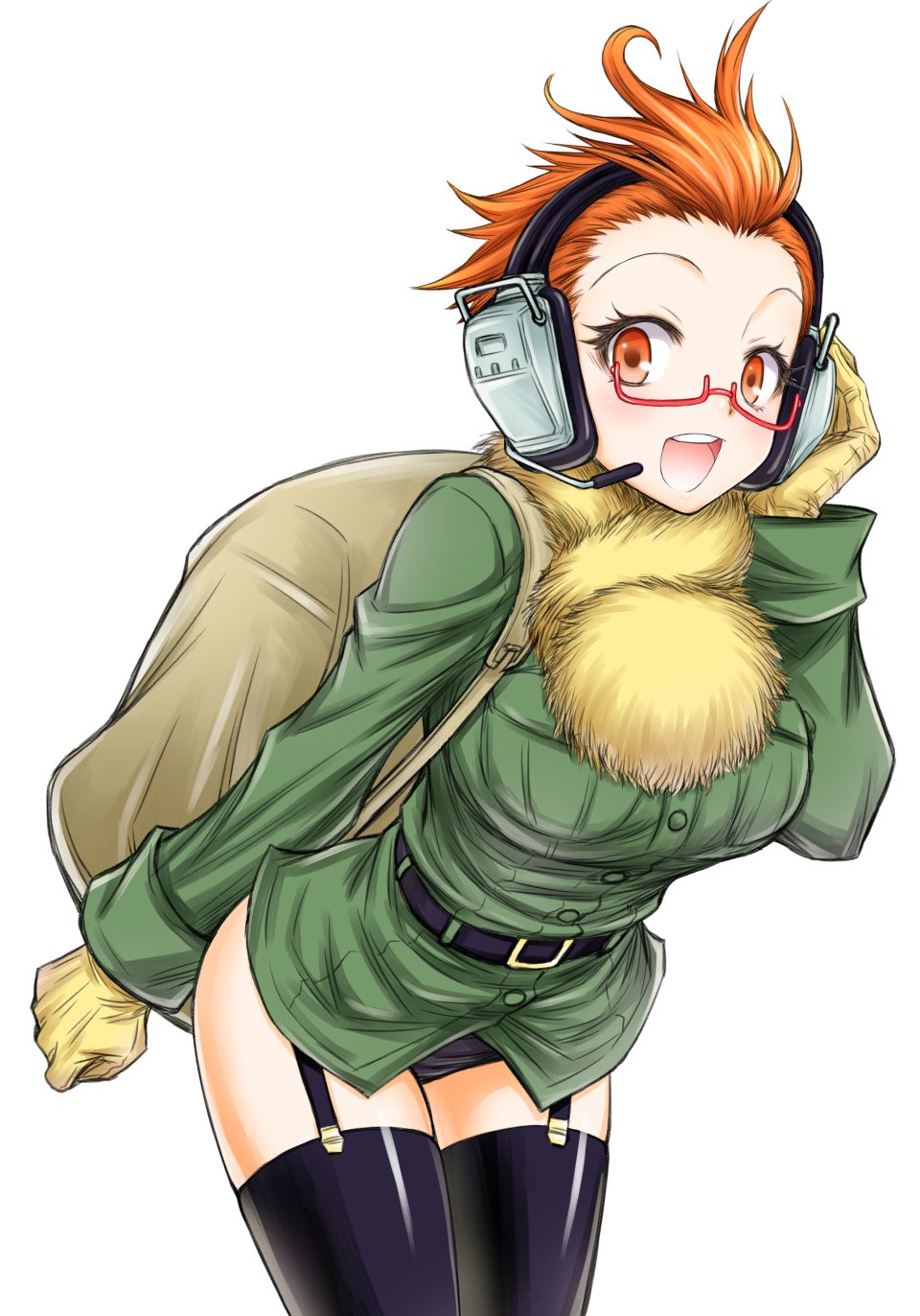 1girl, akatsuki_akira, backpack, bag, belt, female_focus, fur_scarf, garter_straps