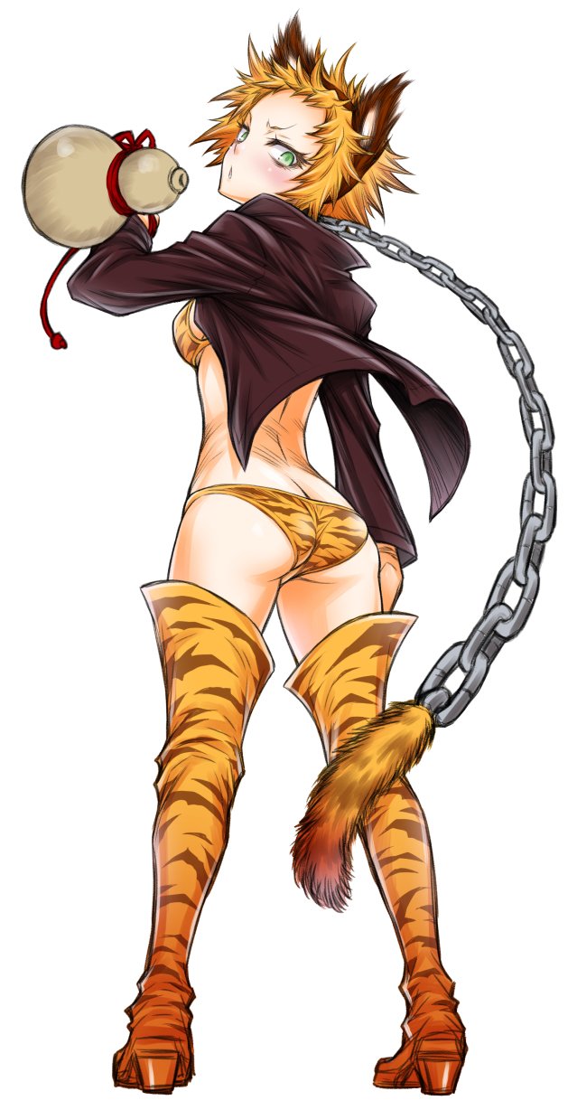 1girl, aira_kanae, akatsuki_akira, alcohol, animal_ears, animal_print, ass, blush, boots, breasts, cat_ears, chain, female_focus, green_eyes, highres, jacket, juuni_taisen, looking_at_viewer, looking_back, midriff, official_art, orange_hair, panties, simple_background, small_breasts, solo, thigh_boots, thighhighs, tiger_print, underwear, white_background