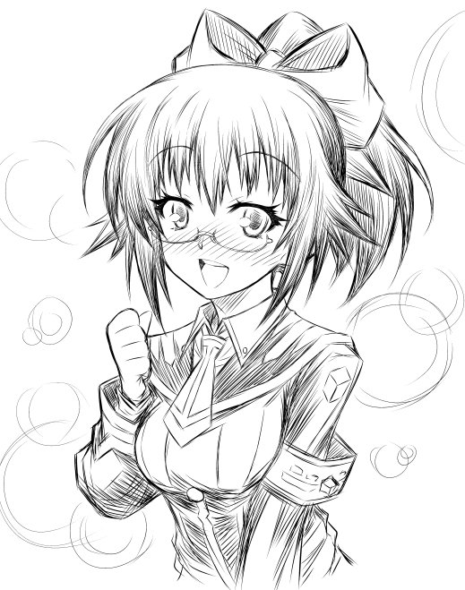 1girl, akatsuki_akira, armband, blush, bow, female_focus, glasses, greyscale