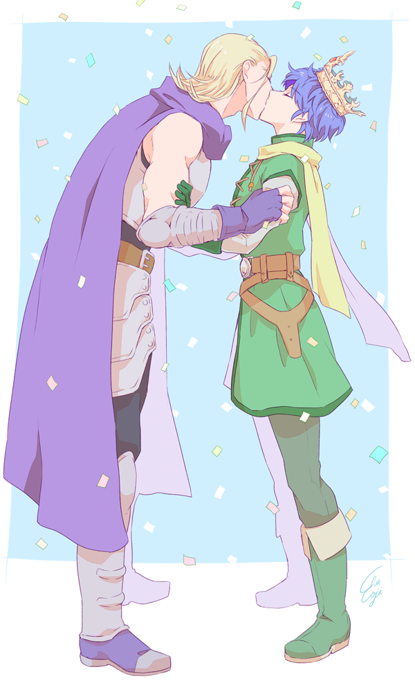 2boys, armor, armored_boots, artist_name, belt, blonde_hair, boots, cape, ceser, crown, dragon_quest, dragon_quest_heroes, dragon_quest_heroes_ii, closed_eyes, faulds, fingerless_gloves, gloves, kiss, male_focus, multiple_boys, purple_hair, razel, scarf, yaoi