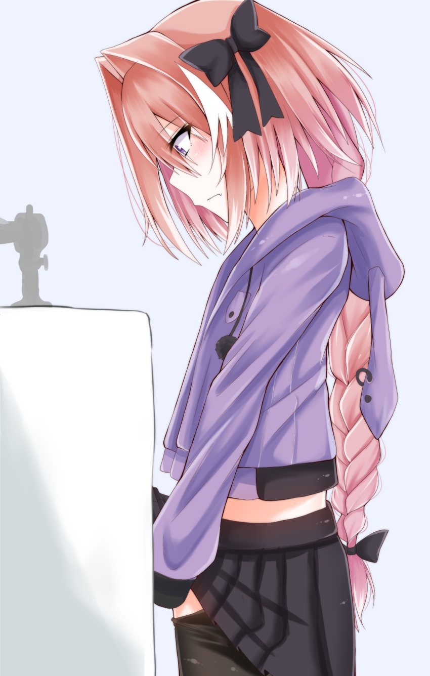 1boy, animal_hood, astolfo_(fate), astolfo_(memories_at_trifas)_(fate), black_bow, black_pantyhose, black_skirt, blue_background, blush, bow, braid, closed_mouth, clothes_lift, clothes_pull, commentary_request, cowboy_shot, cropped_jacket, expressionless, eyelashes, eyes_visible_through_hair, fang, fate/grand_order, fate_(series), from_side, frown, hair_between_eyes, hair_bow, hair_intakes, highres, hood, hood_down, hooded_jacket, implied_peeing, indoors, jacket, kitajima_yuuki, lifting_own_clothes, long_braid, long_sleeves, looking_down, male_focus, miniskirt, multicolored_hair, official_alternate_costume, open_clothes, open_jacket, pantyhose, pantyhose_pull, pink_hair, pleated_skirt, pocket, pom_pom_(clothes), purple_eyes, rabbit_hood, short_hair_with_long_locks, simple_background, single_braid, skirt, skirt_lift, solo, standing, stomach, streaked_hair, trap, urinal, urinal_use, white_hair