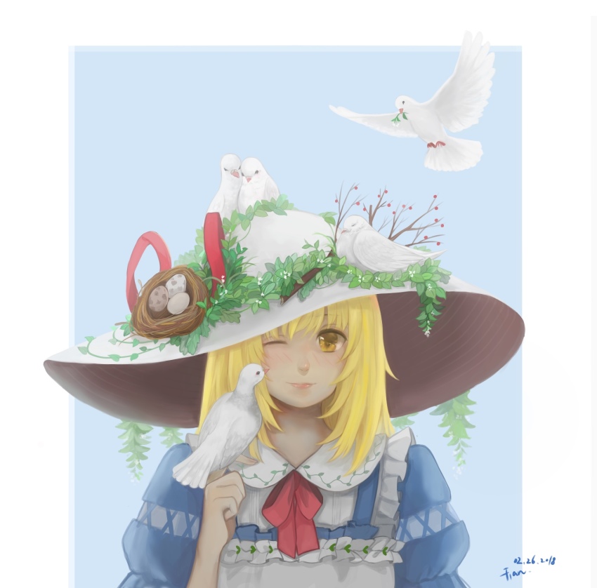 animal, animal_on_head, artist_name, bad_id, bad_pixiv_id, berry, bird, bird_on_hand, bird_on_head, blonde_hair, blue_background, blue_dress, blush, branch, chinese_commentary, commentary_request, dated, dove, dress, egg, hat, highres, juliet_sleeves, kana_anaberal, lips, long_sleeves, looking_at_viewer, medium_hair, nest, nest_on_head, on_head, one_eye_closed, plant, puffy_sleeves, red_ribbon, ribbon, simple_background, smile, solo, sun_hat, touhou, touhou_(pc-98), upper_body, vines, yellow_eyes, yingmu_tiantian
