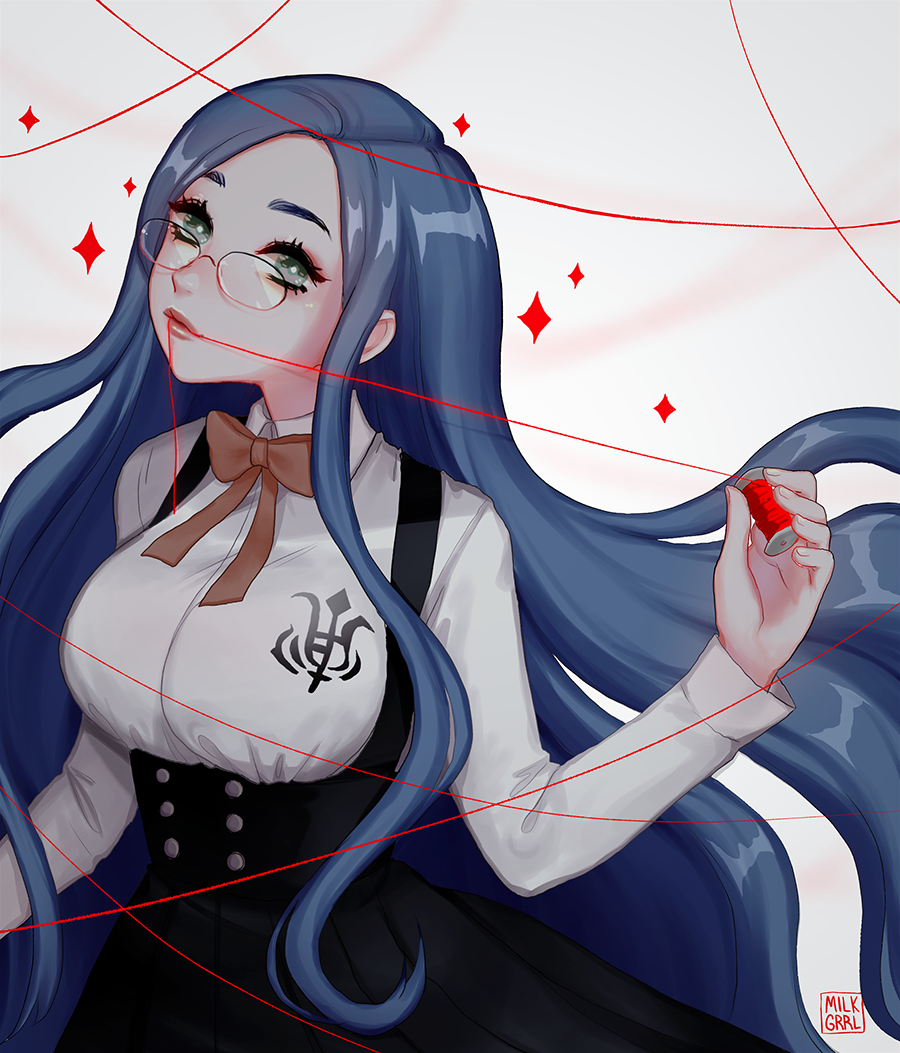 1girl, arm_up, artist_name, black_skirt, blue_hair, bow, breasts, buttons