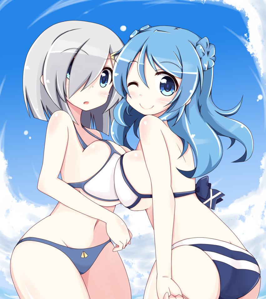 asymmetrical_docking, bikini, breast_press, hair_over_one_eye, halterneck, hamakaze_(kancolle), highres, kantai_collection