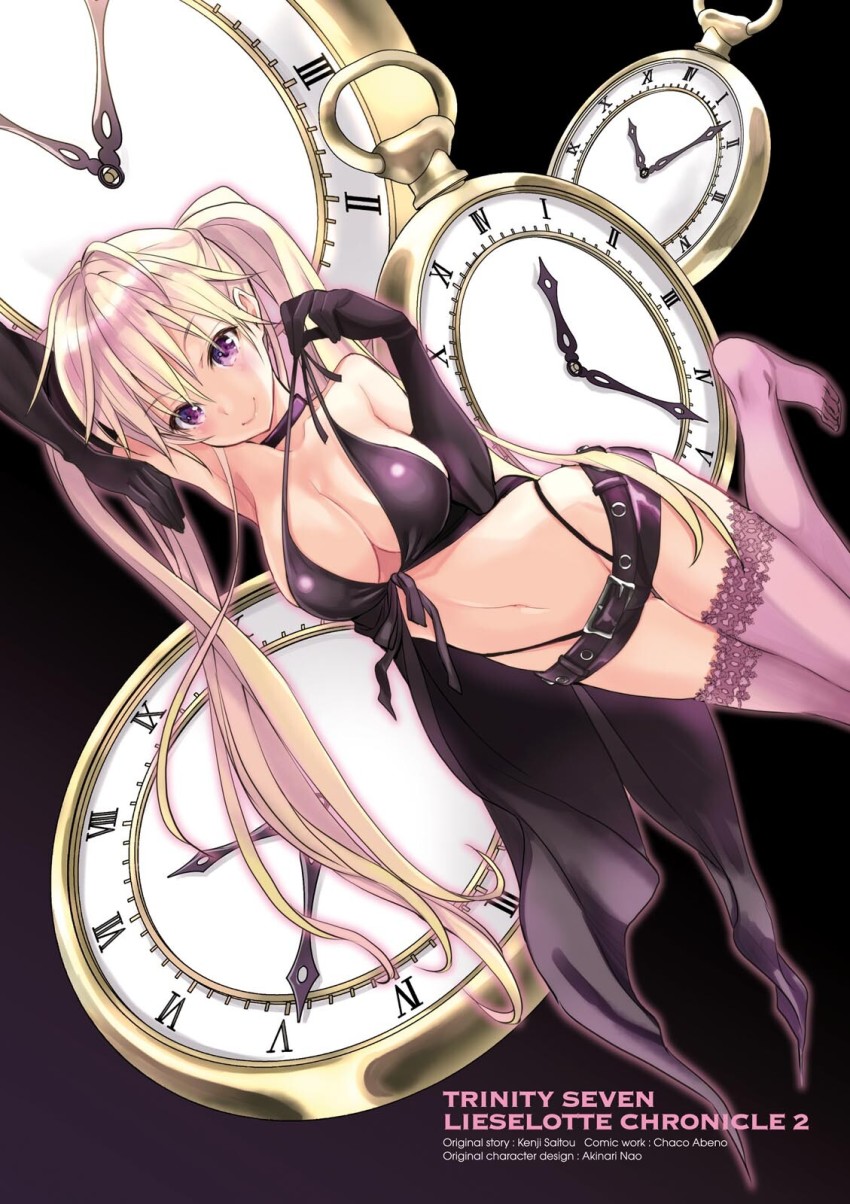 1girl, abeno_chako, armpits, belt, black_gloves, black_panties, black_shorts, blonde_hair, breasts, character_name, choker, cleavage, clock, copyright_name, elbow_gloves, feet, female_focus, gloves, hair_between_eyes, highleg, highleg_panties, highres, large_breasts, lieselotte_sherlock, long_hair, looking_at_viewer, lying, micro_shorts, on_side, panties, pink_thighhighs, purple_eyes, short_shorts, shorts, side_ponytail, smile, solo, thighhighs, trinity_seven, twintails, underwear, very_long_hair