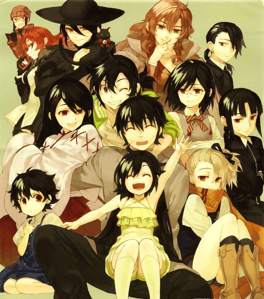 1boy, 6+girls, alcohol, arm_around_neck, black_cat, black_hair, black_ribbon, blonde_hair