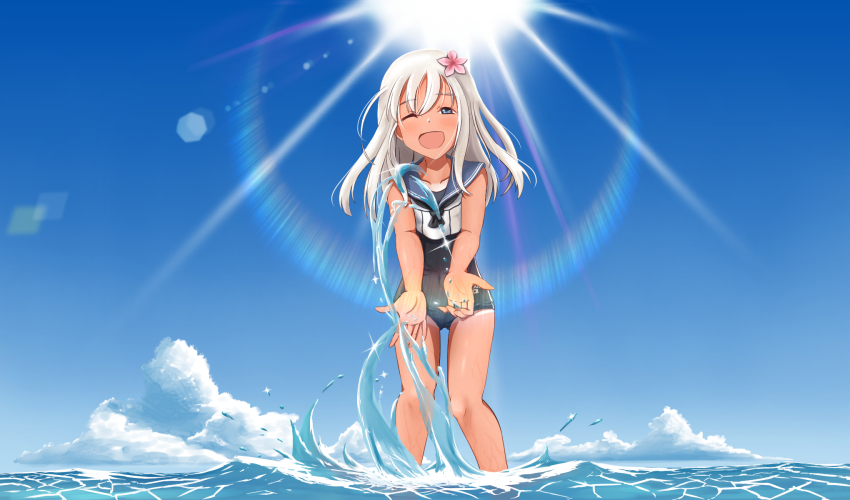 1girl, black_one-piece_swimsuit, blonde_hair, blue_eyes, blue_sailor_collar, blue_sky, cloud, crop_top