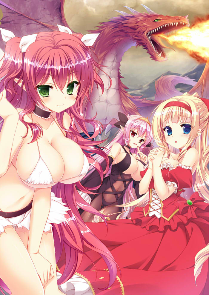 3girls, arisue_tsukasa, bare_shoulders, bikini, bikini_top_only, black_neckwear, blonde_hair, blue_eyes