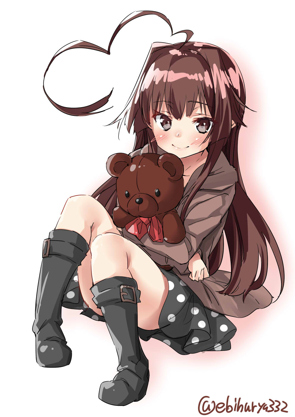 1girl, ahoge, black_boots, black_dress, boots, brown_eyes, brown_hair, brown_jacket