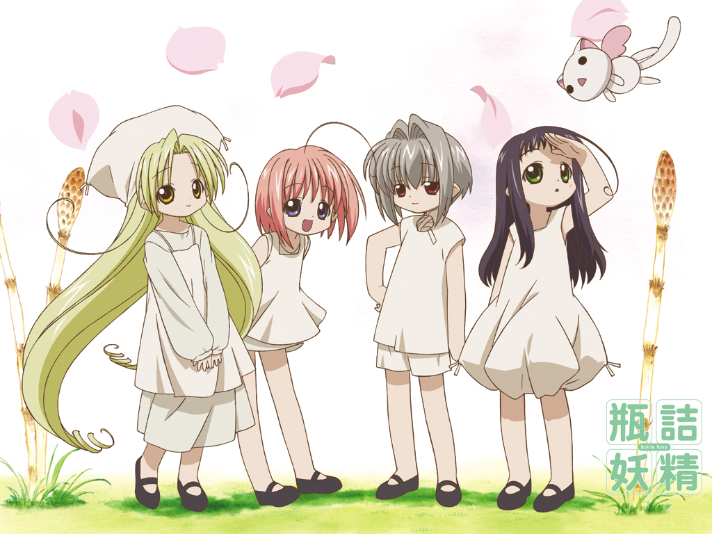 00s, 4girls, :d, ahoge, arm_up, armpits, bare_shoulders, beret