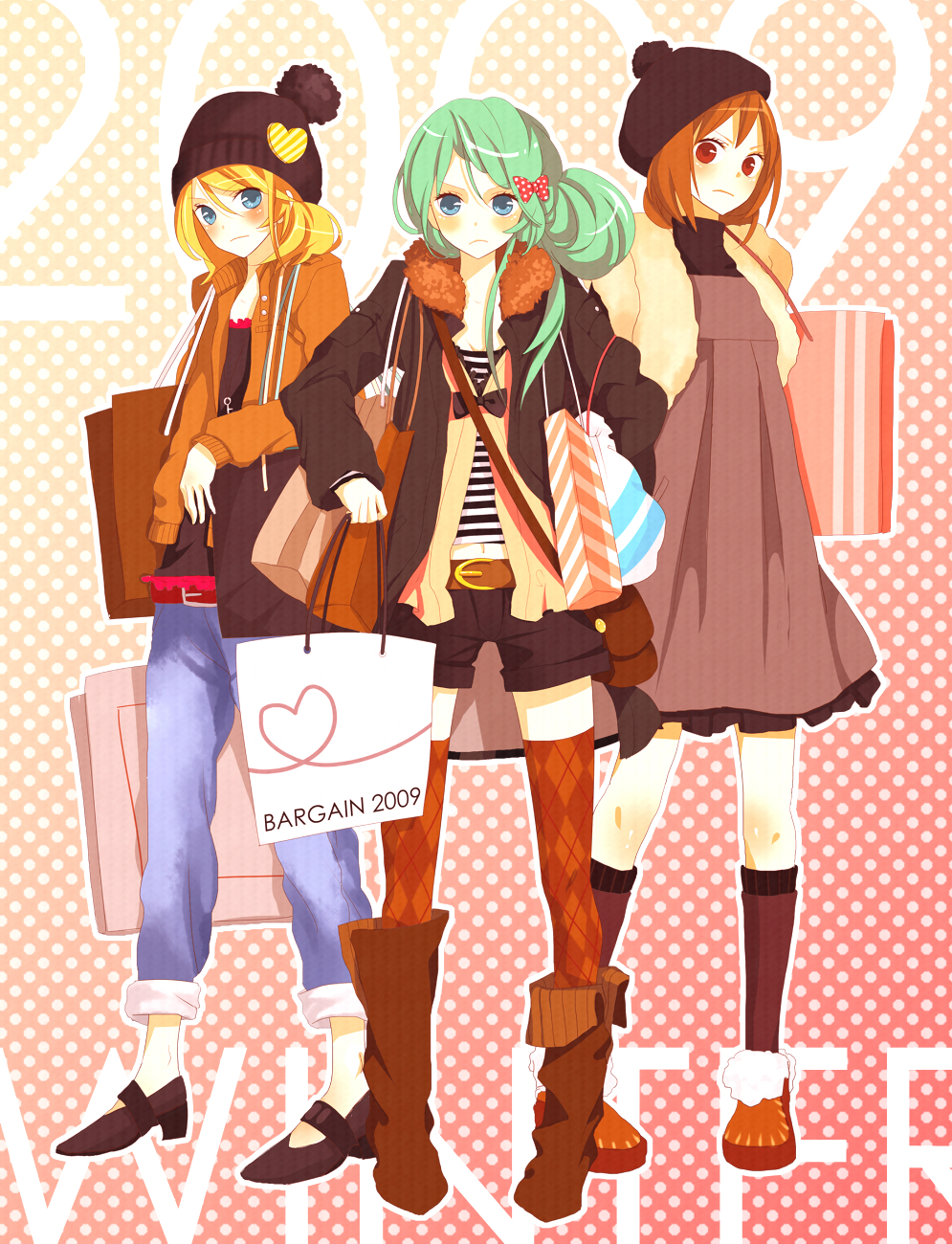 00s, 2009, 3girls, alternate_hairstyle, bag, beanie, blonde_hair, blue_eyes
