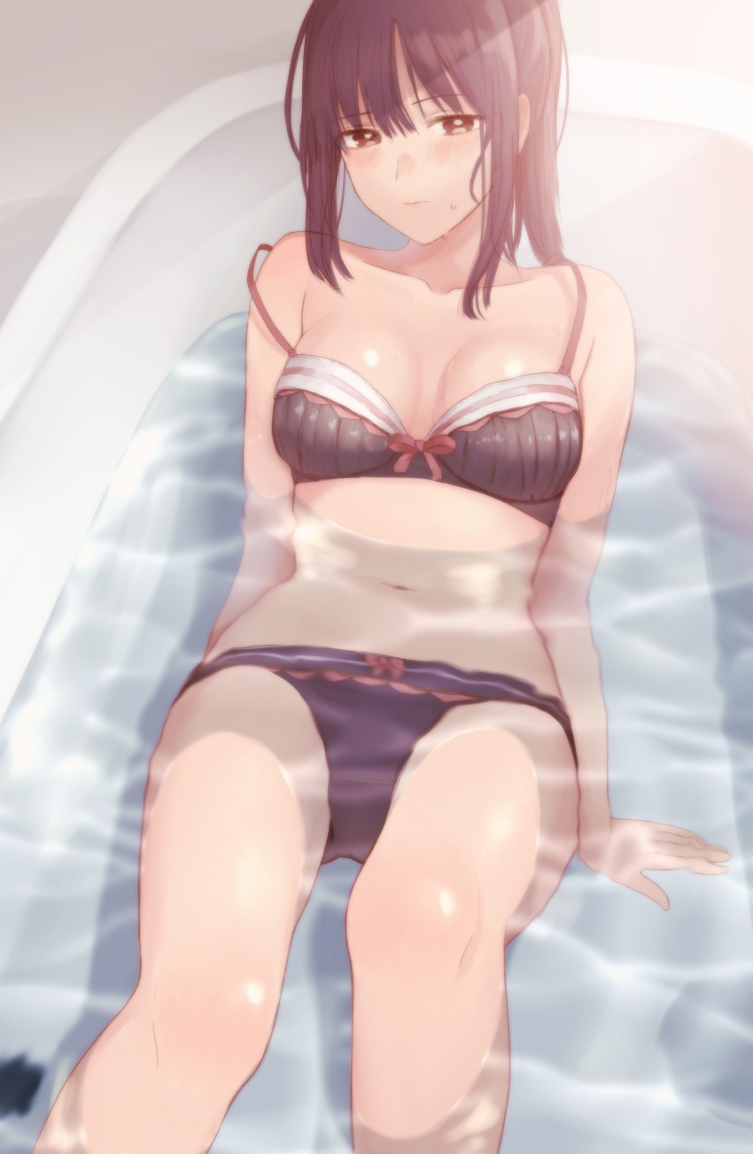 1girl, bathtub, black_bra, black_hair, black_panties, blush, bra, breasts