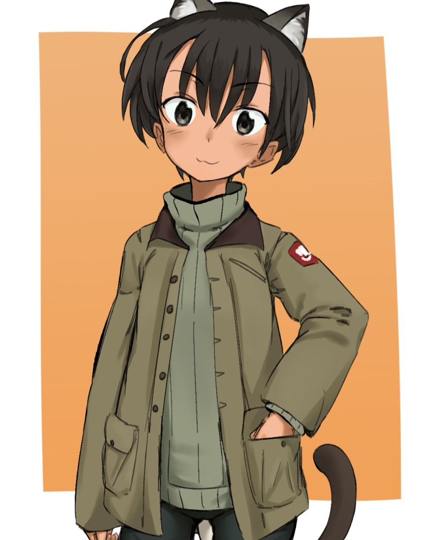 :3, animal_ears, bike_shorts, black_hair, cat_ears, cat_tail, closed_mouth, dark-skinned_female, dark_skin, emblem, fankupl, highres, jacket, kullamas_blengkam, looking_at_viewer, military, military_uniform, short_hair, shorts, solo, strike_witches, sweater, tail, world_witches_series