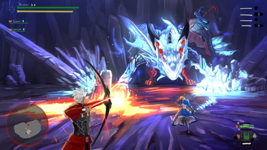 1girl, 2boys, archer_(fate), artoria_pendragon_(fate), commentary_request, crossover, cu_chulainn_(fate), cu_chulainn_(fate/stay_night)