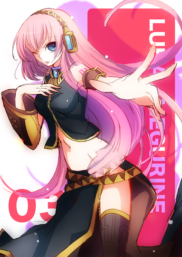 1girl, bad_id, bad_pixiv_id, blue_eyes, female_focus, hand_on_own_chest, headphones, long_hair, looking_at_viewer, megurine_luka, one_eye_closed, pink_hair, shima, shima_(h8222-9902m), solo, thighhighs, vocaloid, wink