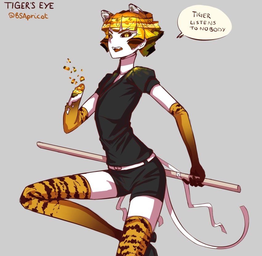 animal_ears, animal_print, black_sclera, bsapricot, colored_sclera, elbow_gloves, english_text, extra_ears, fang, gloves, helmet, highres, houseki_no_kuni, injury, original, shorts, sword, thighhighs, tiger_print, tigers_eye, twitter_username, weapon, wooden_sword, yellow_eyes