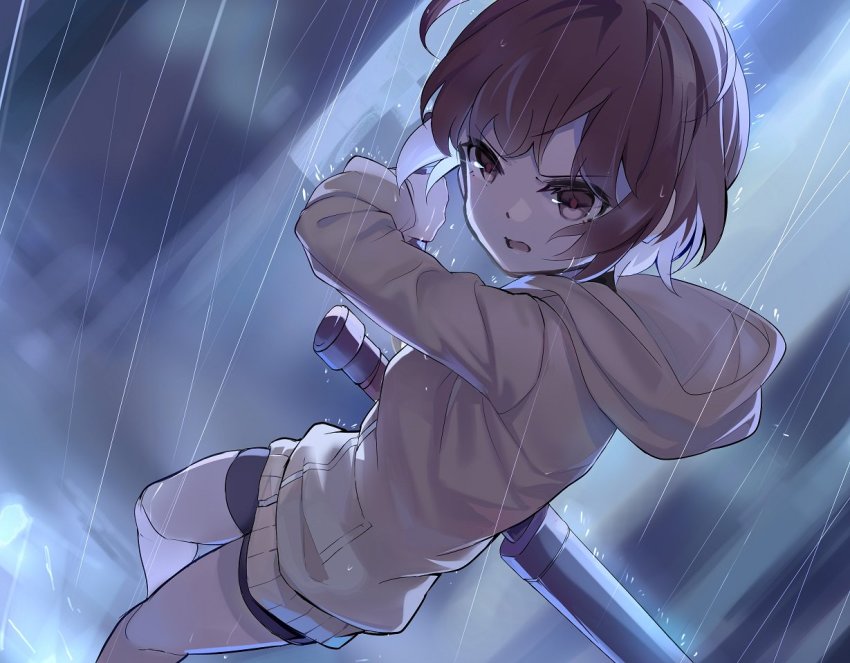 ahoge, bike_shorts, brown_eyes, brown_hair, hood, hooded_jacket, hoodie, jacket, klllk, linne_(under_night_in-birth), rain, short_hair, shorts, solo, sword, under_night_in-birth, weapon