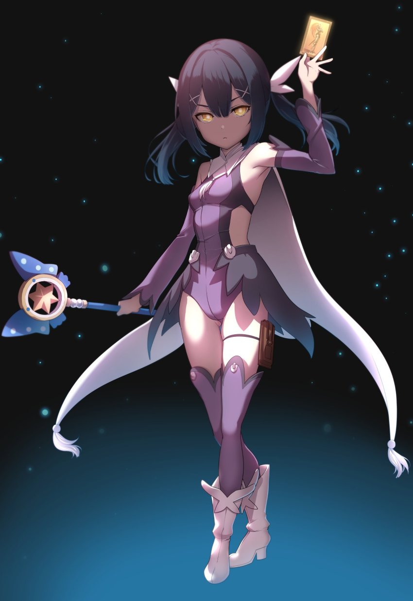 :<, armpits, black_hair, blonde_hair, boots, breasts, bright_pupils, card