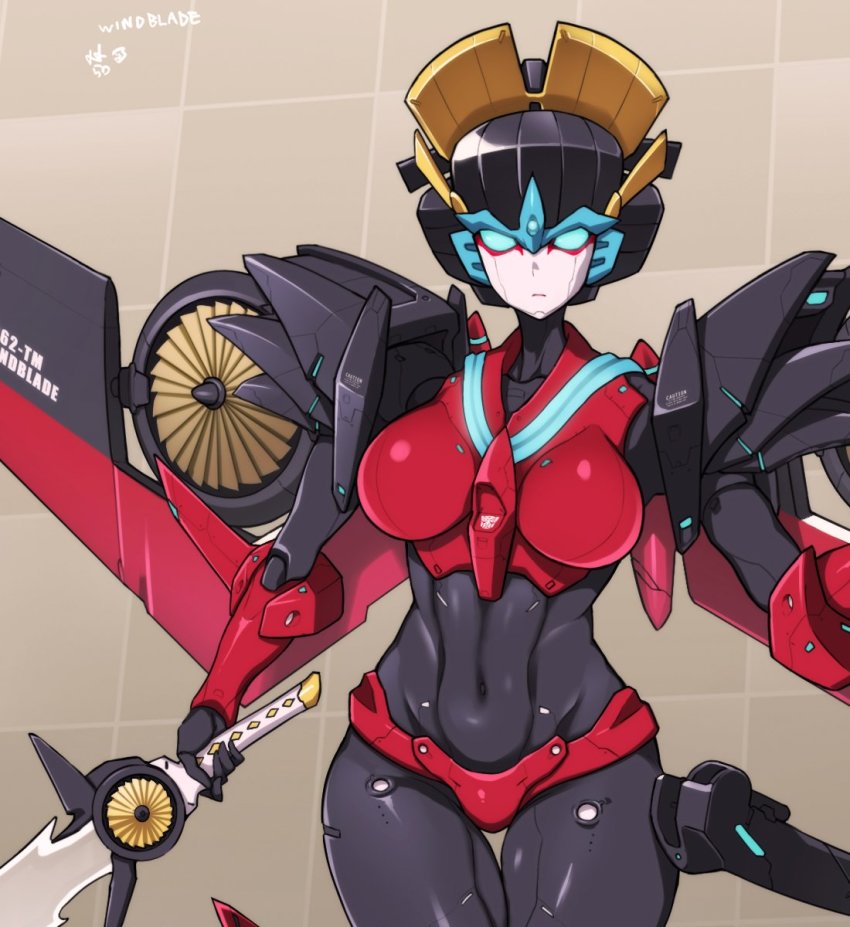 1girl, autobot, blue_eyes, breasts, character_name, female_focus, grid, grid_background, highres, holding, legs_together, looking_at_viewer, makeup, mechanical_wings, meme50, solo, standing, sword, transformers, weapon, windblade, wings