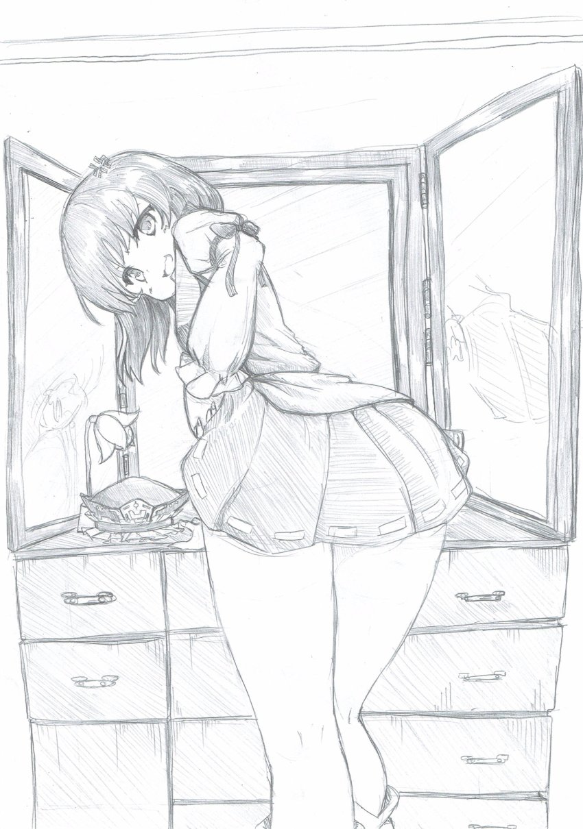 1girl, :d, anger_vein, ass, bent_over, blouse, blush, bow, chest_of_drawers, commentary, commentary_request, feet_out_of_frame, female_focus, flower, frilled_sleeves, frills, graphite_(medium), greyscale, hand_on_own_hip, highres, juliet_sleeves, legs, long_sleeves, looking_at_viewer, mahiro_(akino-suisen), medium_hair, miniskirt, mirror, monochrome, one-hour_drawing_challenge, open_mouth, puffy_sleeves, shiki_eiki, shirt, shoes, skirt, smile, solo, touhou, traditional_media, unworn_headwear, voyeurism