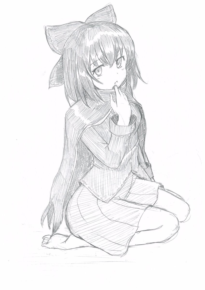 1girl, :<, barefoot, blouse, blush, bow, breasts, cape