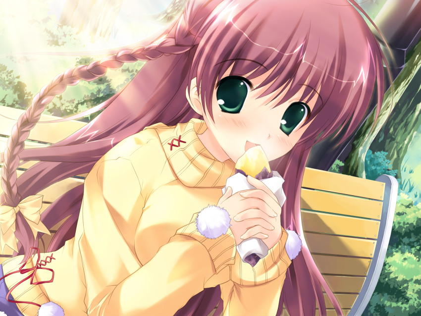 1girl, bench, braid, eating, female_focus, food, game_cg, green_eyes, highres, konneko, long_hair, lyrical_ds, mikeou, purple_hair, side_braid, solo, sweater, sweet_potato, very_long_hair, yuuki_nako