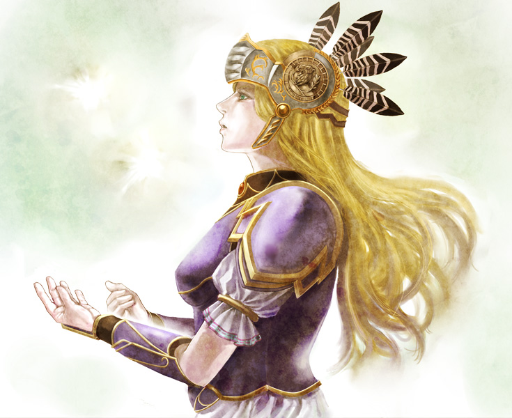 1girl, 40_40, alicia_(valkyrie_profile_2), arm_guards, armor, armored_dress, bad_id, bad_pixiv_id, blonde_hair, breastplate, breasts, commentary_request, dress, female_focus, helmet, long_hair, purple_armor, shoulder_pads, solo, valkyrie, valkyrie_profile_(series), valkyrie_profile_2:_silmeria