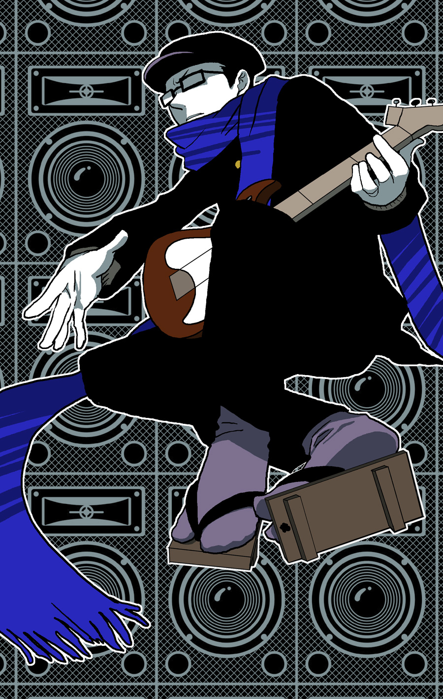 1boy, bemani, newsboy_cap, full_body, gakuran, glasses, guitar, hat