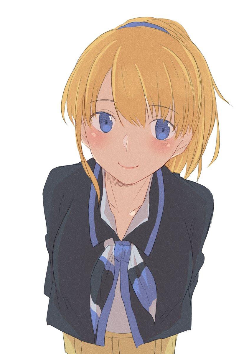 1girl, alternate_hair_color, arms_behind_back, asakawa_shinka, bad_id, bad_twitter_id, belt, blonde_hair