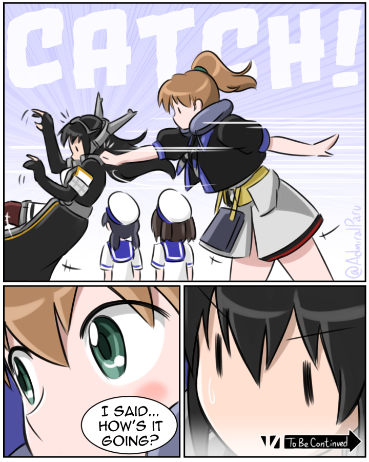 4girls, admiral_paru, black_gloves, catching, close-up, comic, daitou_(kancolle), dress