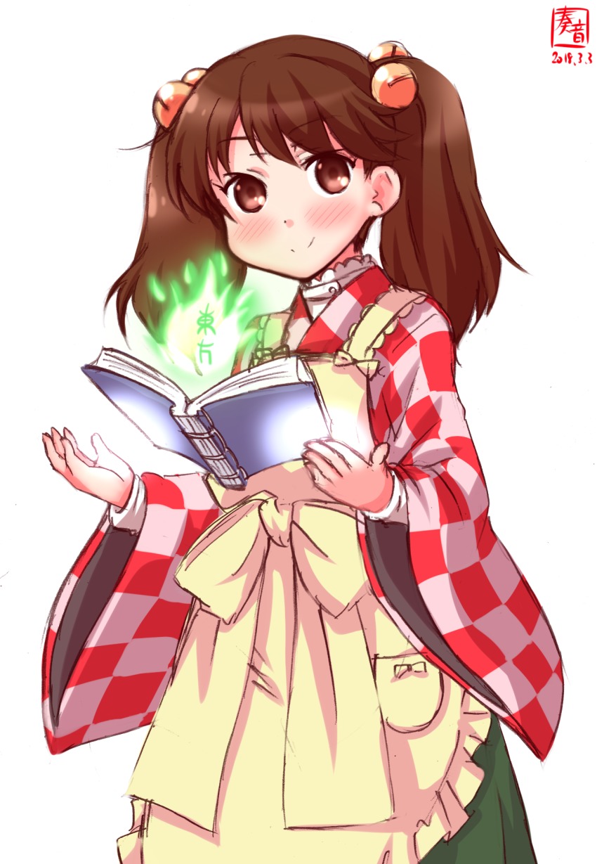 1girl, apron, artist_logo, book, brown_eyes, brown_hair, checkered_clothes, checkered_kimono