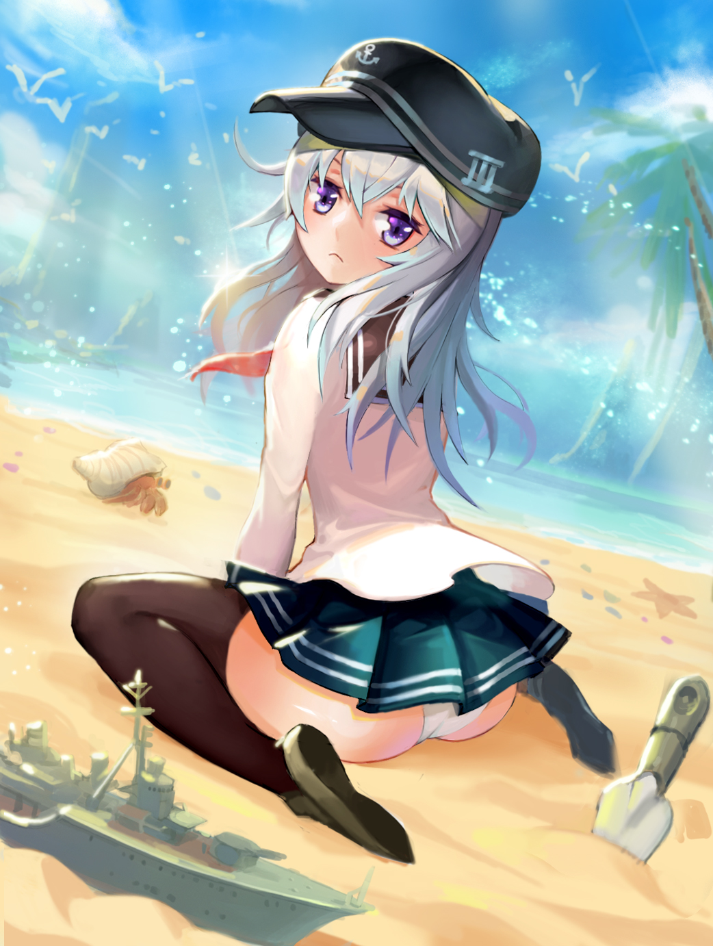 1girl, arched_back, black_thighhighs, closed_mouth, cloud, cloudy_sky, female_focus, flat_cap