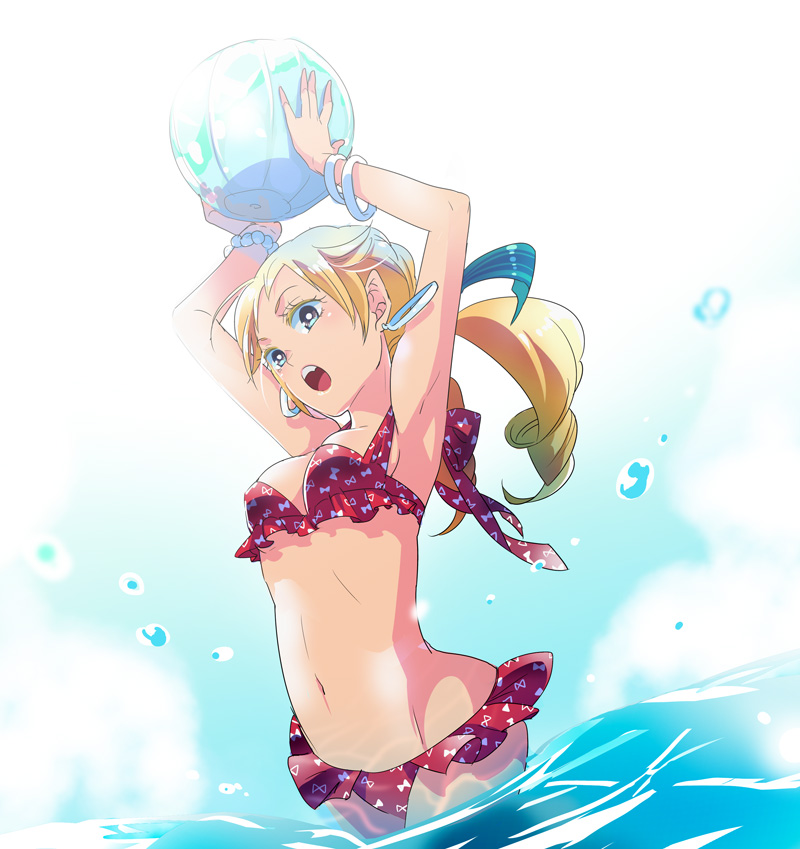 1girl, bikini, blonde_hair, breasts, bright_pupils, chimaki_(impressiveanarchy), cleavage, colored_eyelashes
