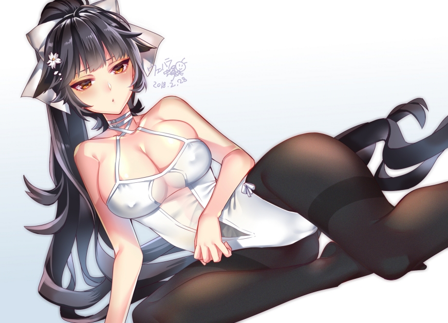 1girl, azur_lane, black_hair, black_pantyhose, blush, breasts, brown_eyes, cleavage, curvy, female_focus, flower, gradient_background, hair_ornament, hair_ribbon, large_breasts, long_hair, looking_at_viewer, lying, on_side, one-piece_swimsuit, pantyhose, pantyhose_under_swimsuit, ponytail, ribbon, see-through_clothes, simple_background, sitting, solo, swimsuit, takao_(azur_lane), thighs, uehara_hachi, very_long_hair