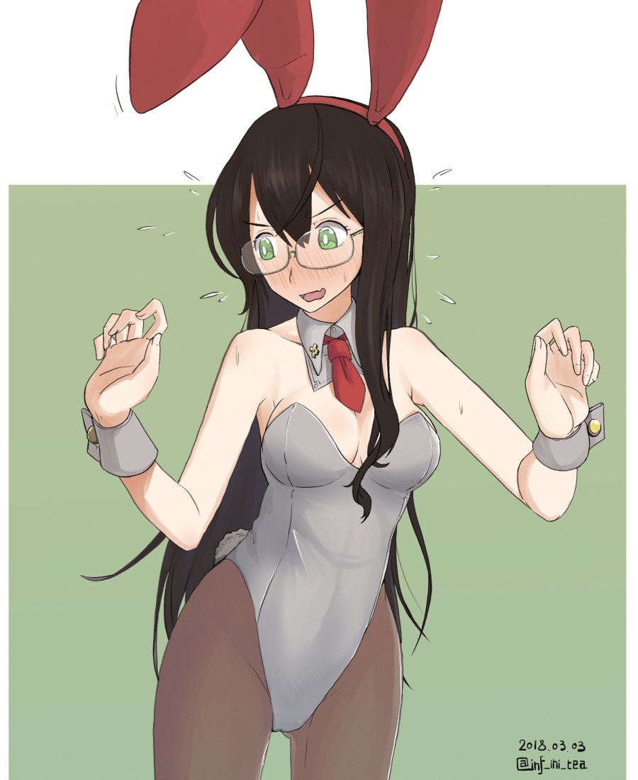 1girl, alternate_costume, animal_ears, black_hair, blush, cowboy_shot, dated, detached_collar